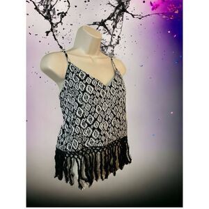 Tribal Boho Fringed Crop Top Black White Size L